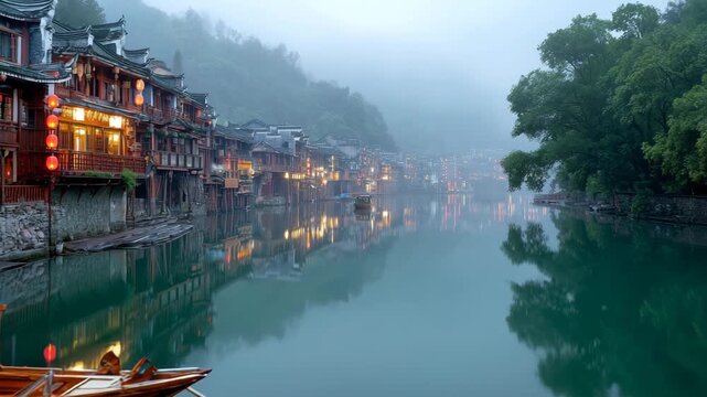 Ultra HD Misty morning at fenghuang ancient town water village with traditional wooden boats on tuojiang river, hunan province, china video