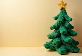 Hand-knitted Christmas tree with a golden star on a light background. Christmas banner, flyer, space for text