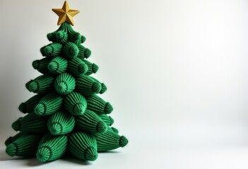 Hand-knitted Christmas tree with a golden star on a light background. Christmas banner, flyer, space for text