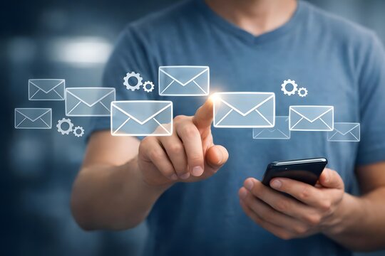 Email automation, email marketing concept, Gathering customer insights via email to enhance customer engagement, retention and loyalty. Man using smartphone with email icon on virtual screen.