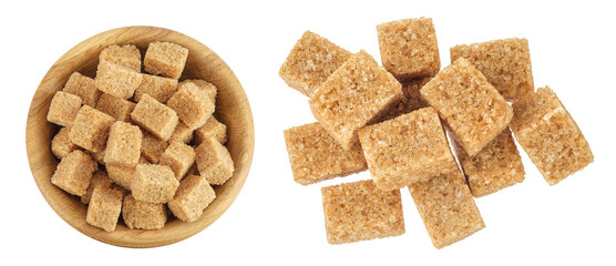 brown sugar in a wooden bowl isolated on white background. Top view. Flat lay