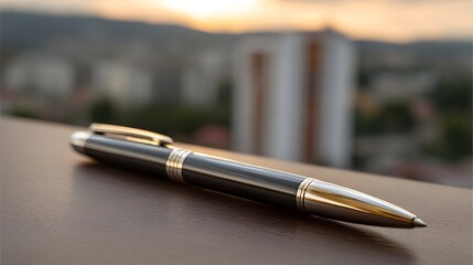 Elegant dark pen with gold accents rests on a wooden surface against a blurred city skyline at sunset