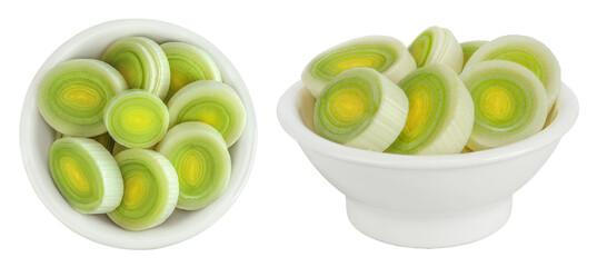sliced Leek vegetable in ceramic bowl isolated on white background. Top view. Flat lay