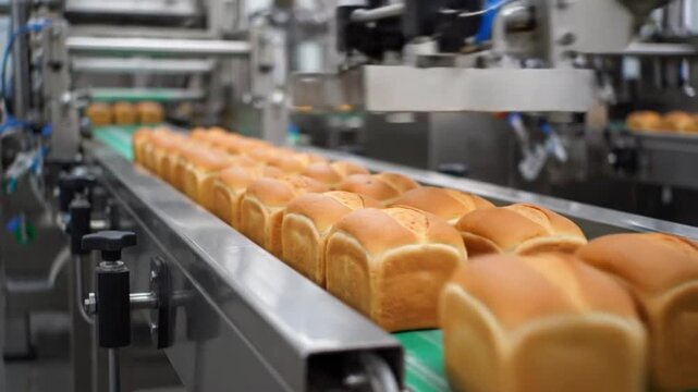 Freshly baked bread loaves moving on an automated factory conveyor belt