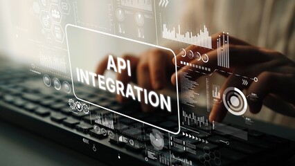 Hands Typing on Keyboard with Overlay Text Showing API Integration Concept and Data Visualization Graphics. Asymptotic smart data analytic.