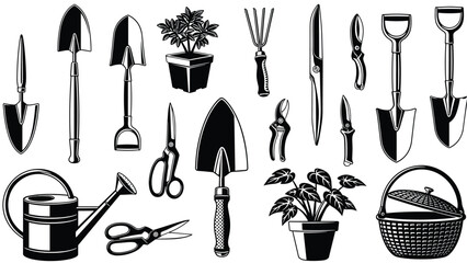 Black and white gardening tools vector illustration set with shovels pruners scissors watering can plant pots isolated icons for design © MDKANAL