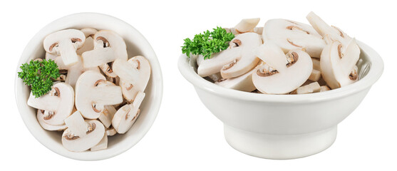 Fresh mushroom champignon slices in a ceramic bowl isolated on white background. Top view. Flat lay