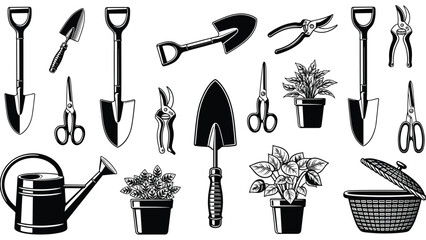 Black and white gardening tools vector illustration set with shovels pruners scissors watering can plants isolated icons for graphic design © MDKANAL