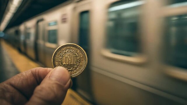 Ultra HD Hand holding an old subway token or coin with a train in the background at a station platform video