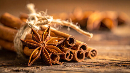 Rustic Winter Spices Composition with Cinnamon Sticks and Star Anise