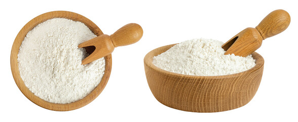White flour in wooden bowl and scoop isolated on white background. Top view. Flat lay.