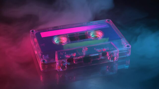 Ultra HD Neon pink and blue lit transparent audio cassette tape with smoke and reflection on dark surface video