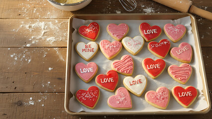 Assortment of Heart-Shaped Cookies on Baking Sheet &mdash; Homemade Valentine&rsquo;s Day Baking Concept