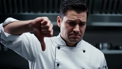 Unhappy Male Chef Gives Thumbs Down Gesture Criticizing Food