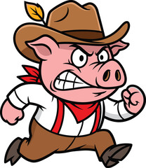 Angry cartoon pig cowboy running with clenched fists, red bandana and feathered hat, dynamic pose, flat vector illustration