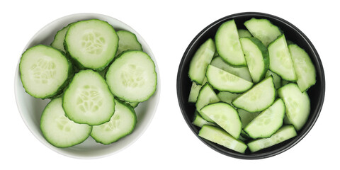 Sliced cucumber in ceramic bowl isolated on white background with full depth of field. Top view....
