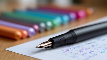 A black fountain pen with a gold nib rests on handwritten notes with a colorful array of pens blurred in the background