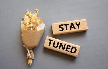 Stay Tuned symbol. Wooden blocks with words Stay Tuned. Beautiful grey background. Business and Stay Tuned concept. Copy space.