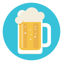 Refreshing beer mug ranked as popular beverage icon, with frothy foam bubbles, flat design circle graphic, suitable for bar menus, drink illustrations, and social media design.