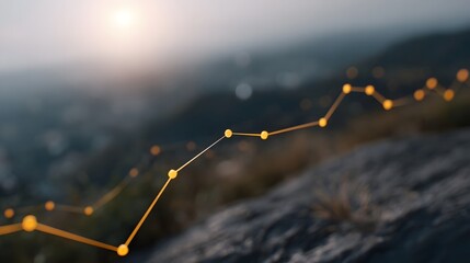 Abstract glowing data line graph showing growth over a misty landscape at sunrise