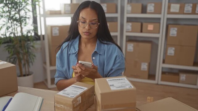 Woman scanning package label with smartphone, hands holding phone over shipping parcel in warehouse; focus productivity.
