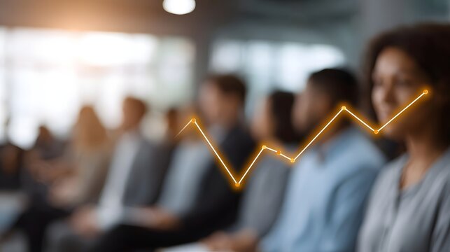 Blurred business meeting with an overlay of a glowing orange growth trend graph and data points - Powered by Adobe