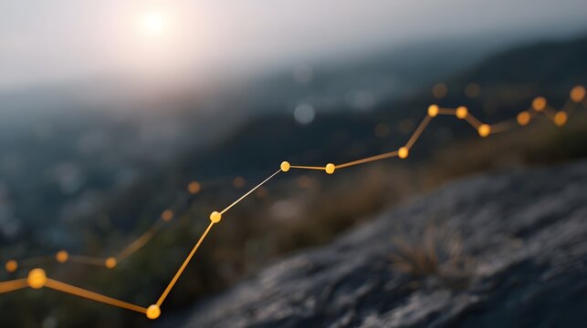 Abstract glowing data line graph showing growth over a misty landscape at sunrise - Powered by Adobe