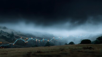 A mysterious glowing data graph overlays a misty mountain landscape under a dark atmospheric sky