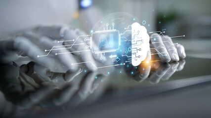 An advanced AI assistant visualizes its machine learning process. This generative technology shows its core processor connecting to a cloud brain and global neural network. Fermion