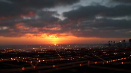 Urban cityscape at sunset illuminated by a vibrant sky and overlaid with a glowing digital data network