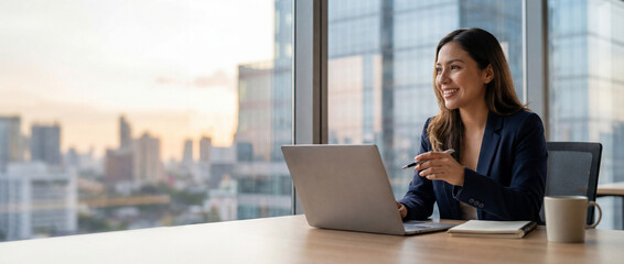  Latin hispanic young business woman working on laptop computer at office desk with city view. Indian entrepreneur manager businesswoman using pc for work, learning at workplace. Banner, copy space 