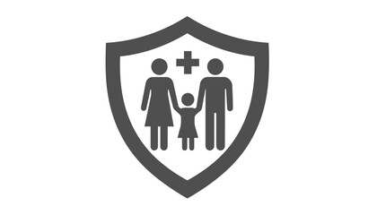 Family health insurance icon in shield shape for protection.