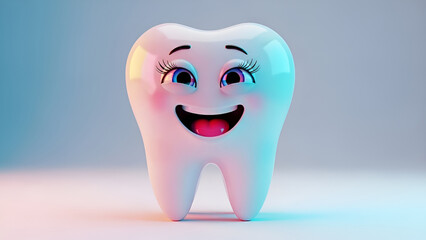 3D illustration of a smiling cartoon tooth character on a gradient blue background with copy space, ideal for dental health and hygiene concepts.