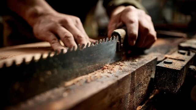 Medium shot of a craftsman filing saw blade teeth on a workbench ensuring uniform sharpness for efficient wood cutting performance.