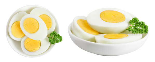 Boiled chicken egg in ceramic bowl isolated on white background. Top view. Flat lay