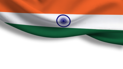 The national flag of India features vibrant orange, white, and green bands, with a navy blue Ashoka Chakra at the center. The flag flutters proudly, representing the nation's sovereignty and unity.	