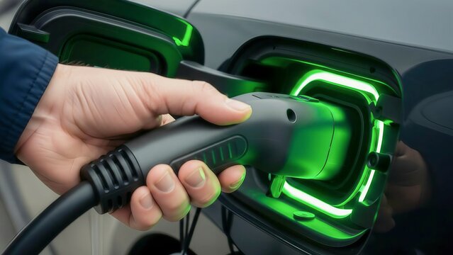 Closeup of a persons hand plugging an electric vehicle charging connector into a cars charging port, illuminated with bright green light, symbolizing sustainable energy and modern transportation.