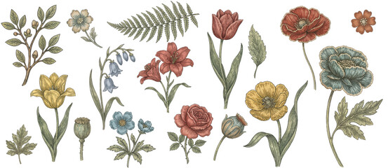 Bundle of Vintage Botanical Floral Clipart, Cottagecore Floral Clip art, Wildflower Design Elements Isolated , Retro Flower Graphics Download