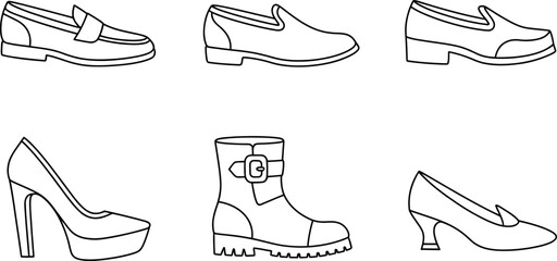 Collection of various stylish shoes and boots in line art style