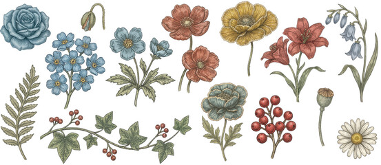 Vintage Flower PNG Bundle,  Wedding Invitation Floral Clipart,  Botanical Graphics Floral Elements