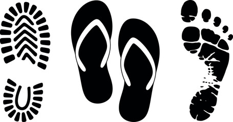 Footprints and flip flops silhouette on white background