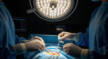 Surgeons performing a delicate operation under bright surgical lights