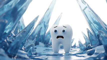 3D illustration of a smiling cartoon tooth character on a gradient blue background with copy space, ideal for dental health and hygiene concepts.