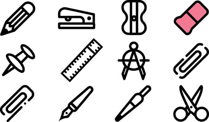 Office supplies and stationery icons in black and pink color