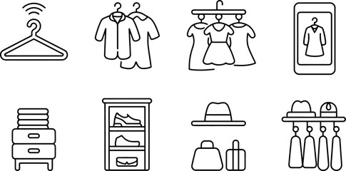 line drawing of various clothing and accessories icons on transparent background
