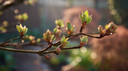 Delicate buds and vibrant green leaves on a branch in a sunlit garden