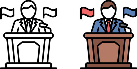 Two businessmen standing at podium with flags  speaking at conference