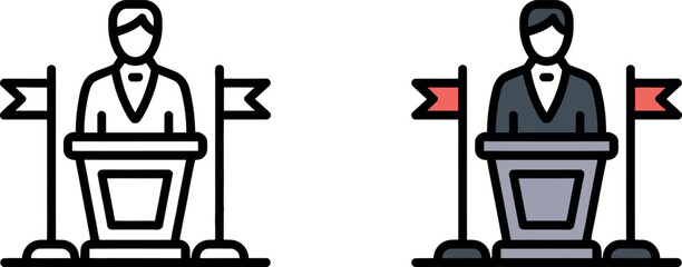 Two faceless politicians giving speeches at podiums with flags