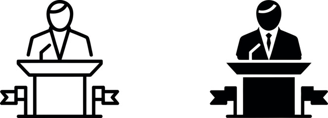 Two businessmen standing at podiums with microphones side by side