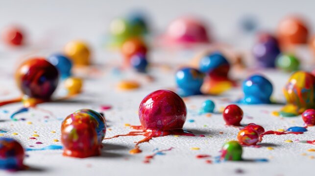 Dynamic abstract photograph of bright paint splashes on white surface